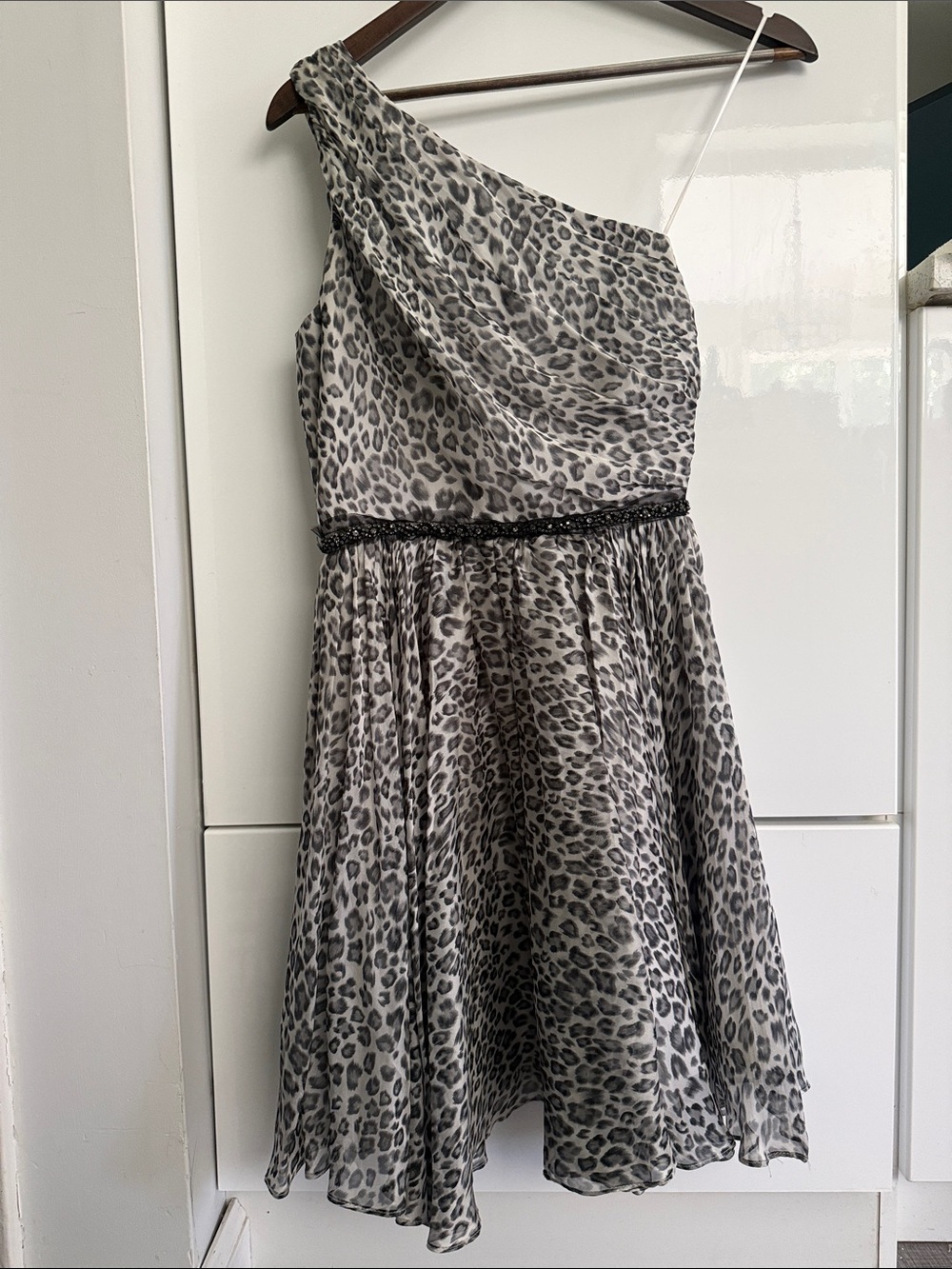 ABS Allen Schwartz Silk One-Shoulder Grey Leopard Print Cocktail Dress